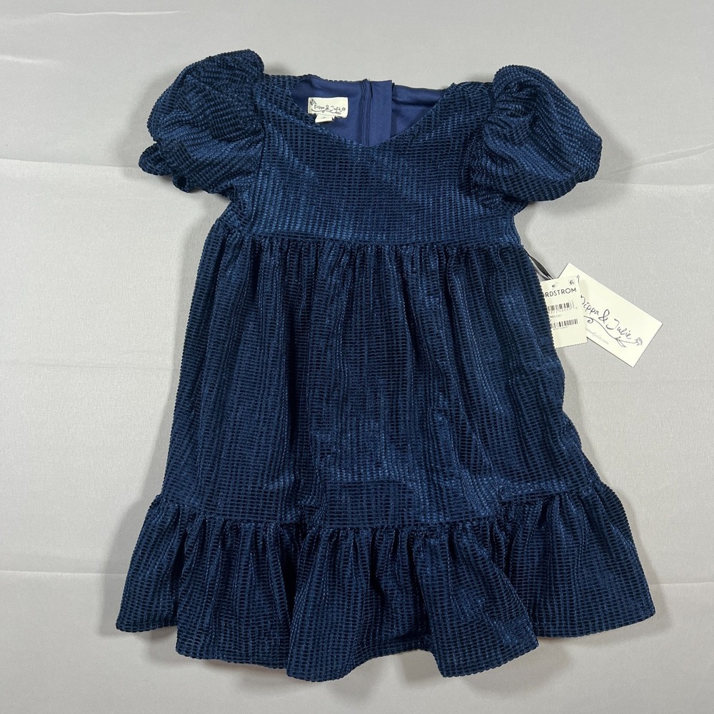 Pippa & Julie Maureen Velvet Dress Kids 3T Navy Back Zip Ruffled Puff Sleeves